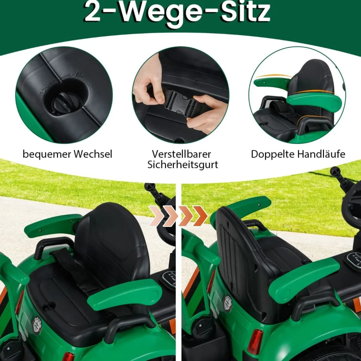Elektro Traktor mit Anhänger & Schaufel & Fernbedienung 12V Aufsitztraktor Sitzbagger Grün