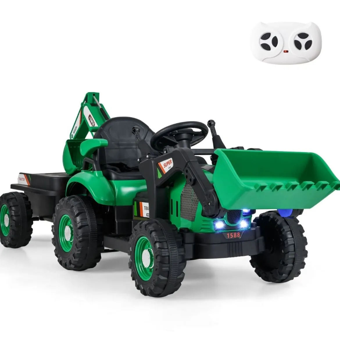 Elektro Traktor mit Anhänger & Schaufel & Fernbedienung 12V Aufsitztraktor Sitzbagger Grün