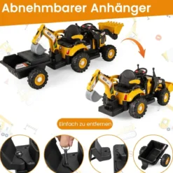 Elektro Traktor mit Anhänger & Schaufel & Fernbedienung 12V Aufsitztraktor Sitzbagger Gelb