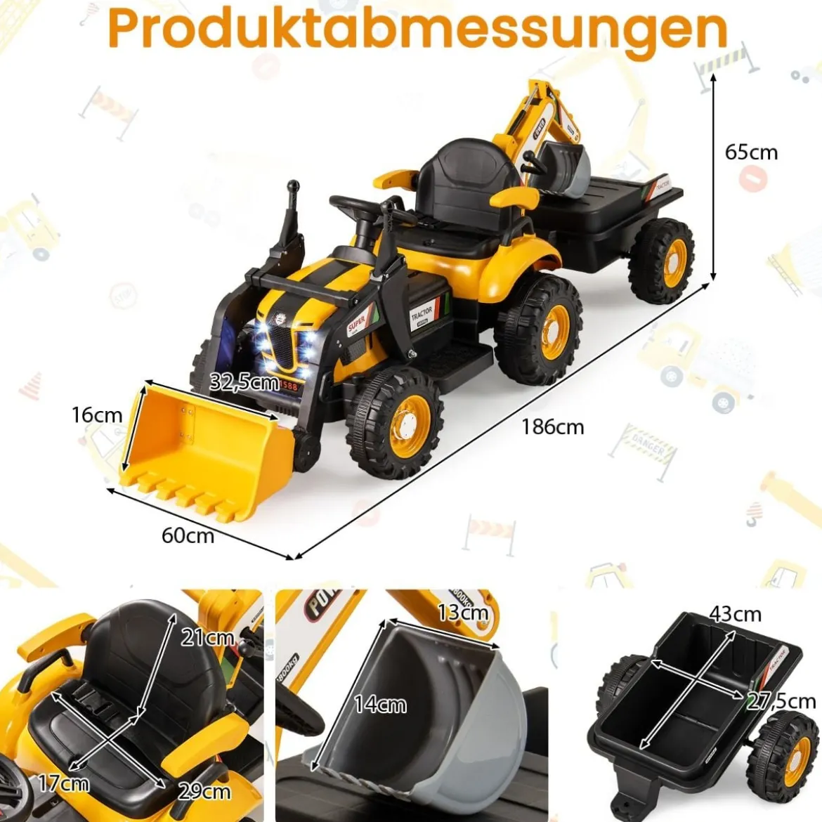 Elektro Traktor mit Anhänger & Schaufel & Fernbedienung 12V Aufsitztraktor Sitzbagger Gelb