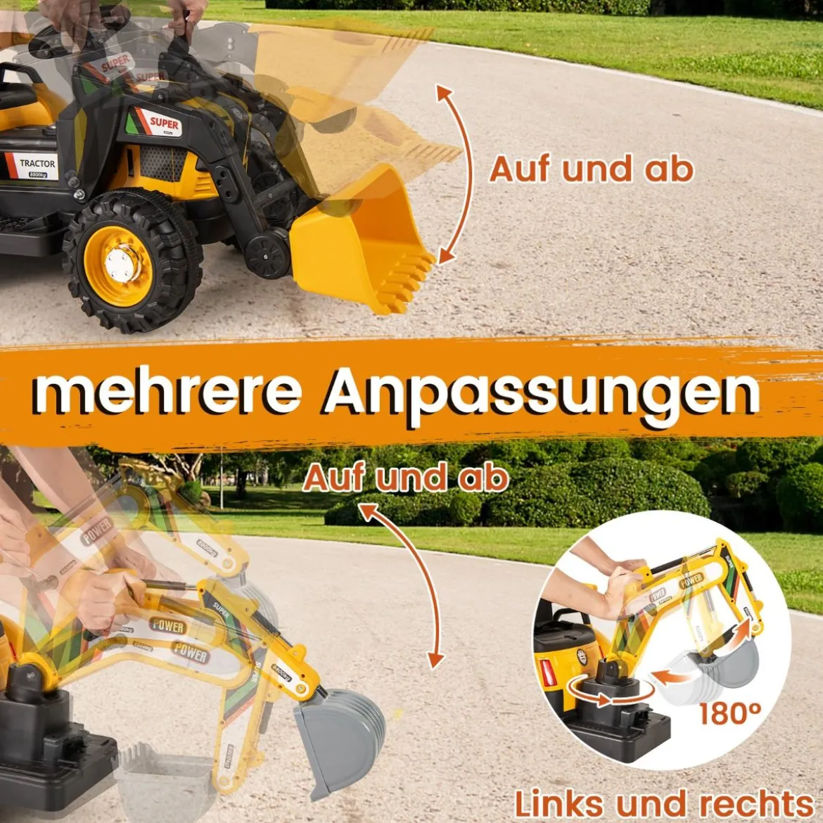 Elektro Traktor mit Anhänger & Schaufel & Fernbedienung 12V Aufsitztraktor Sitzbagger Gelb