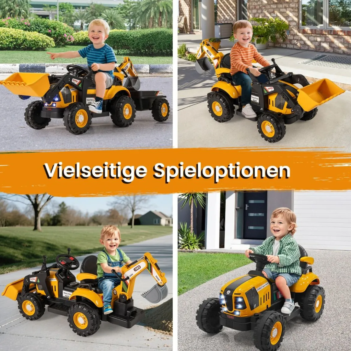 Elektro Traktor mit Anhänger & Schaufel & Fernbedienung 12V Aufsitztraktor Sitzbagger Gelb