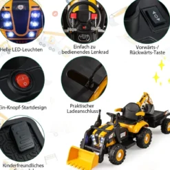 Elektro Traktor mit Anhänger & Schaufel & Fernbedienung 12V Aufsitztraktor Sitzbagger Gelb