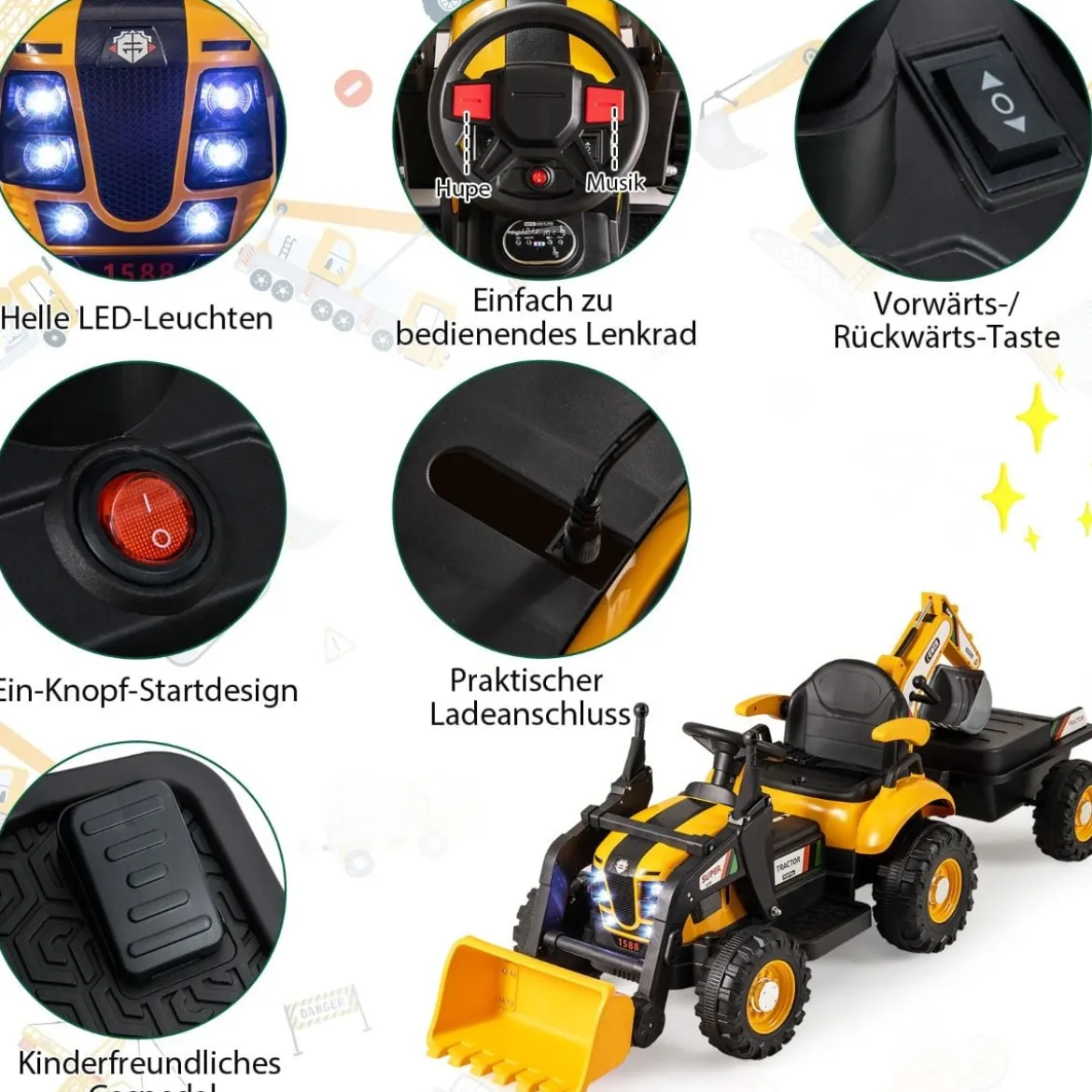 Elektro Traktor mit Anhänger & Schaufel & Fernbedienung 12V Aufsitztraktor Sitzbagger Gelb