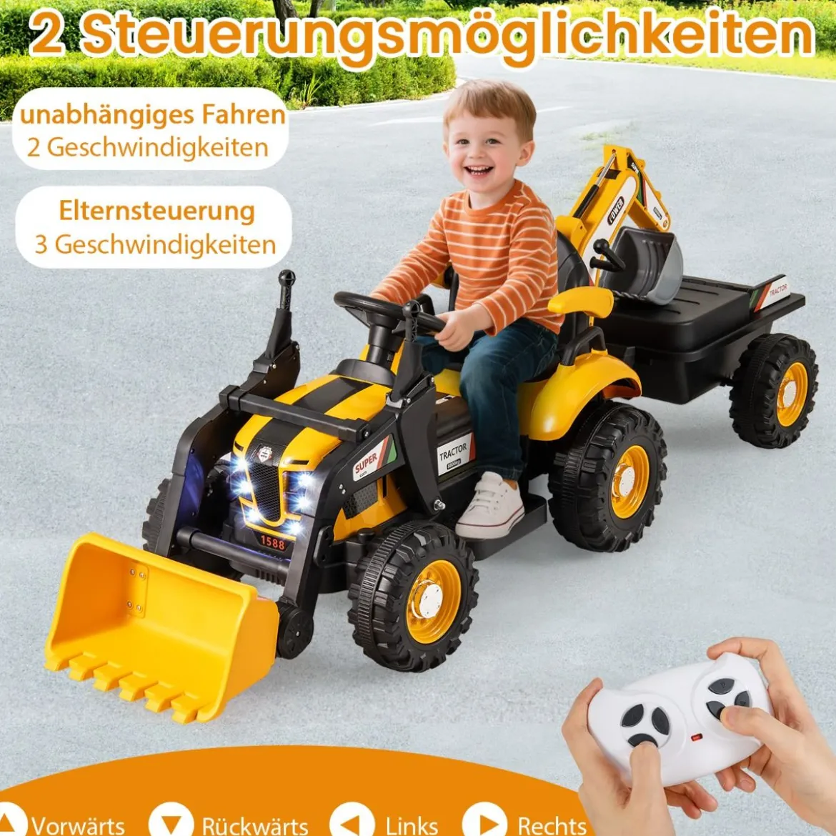 Elektro Traktor mit Anhänger & Schaufel & Fernbedienung 12V Aufsitztraktor Sitzbagger Gelb