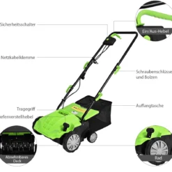 Elektro Vertikutierer Rasenlüfter 1500W 2-in-1-Vertikutierer und Belüfter 104,5 x 51 x 103 cm Grün