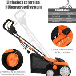 Elektro Vertikutierer Rasenlüfter 1800W 2 Stufen Arbeitstiefe 67 x 58 x 86 - 104 cm Orange