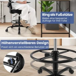 Entwurfstuhl hoher Mesh-Drehstuhl mit klappbaren Armlehnen & verstellbarem Fußstützring Schwarz