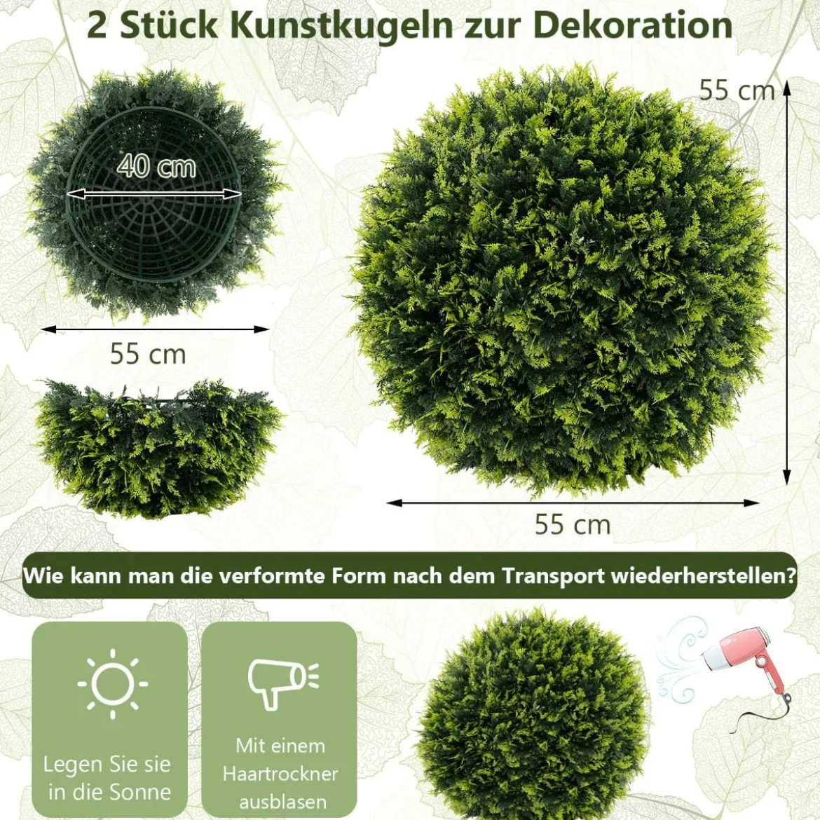 2er Buchsbaumkugel 52 cm Buchsbaum Kugel Zedern UV-beständig Formschnitt Kunstpflanze Grün
