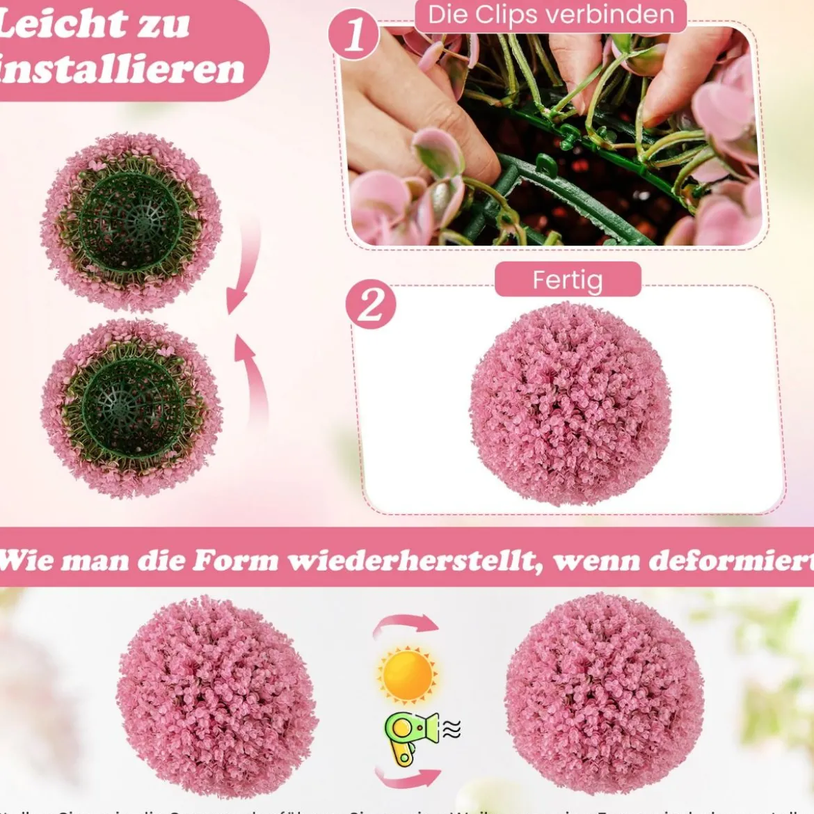 2er Buchsbaumkugel 44 cm Kunstpflanze Eukalyptus Buchsbaum Kugel Graskugel Pflanzenkugel Rosa
