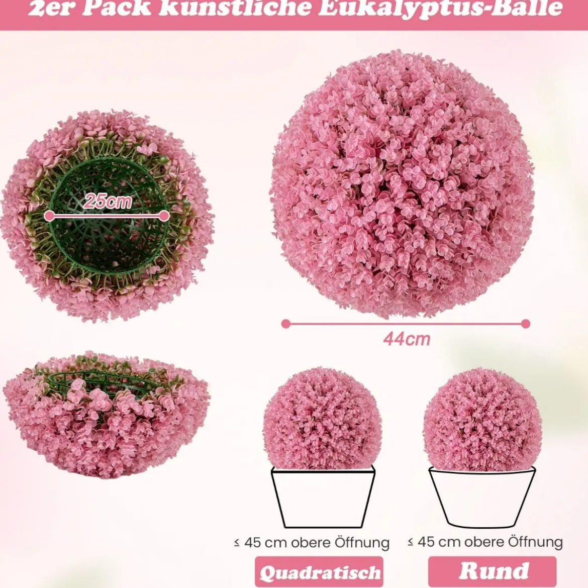 2er Buchsbaumkugel 44 cm Kunstpflanze Eukalyptus Buchsbaum Kugel Graskugel Pflanzenkugel Rosa