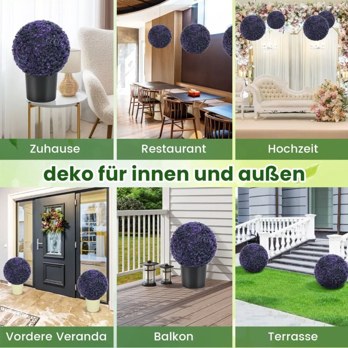 2er Buchsbaumkugel Kunstlavendel UV-beständige Kunstpflanze Blütenkugel Dekopflanze 38 cm