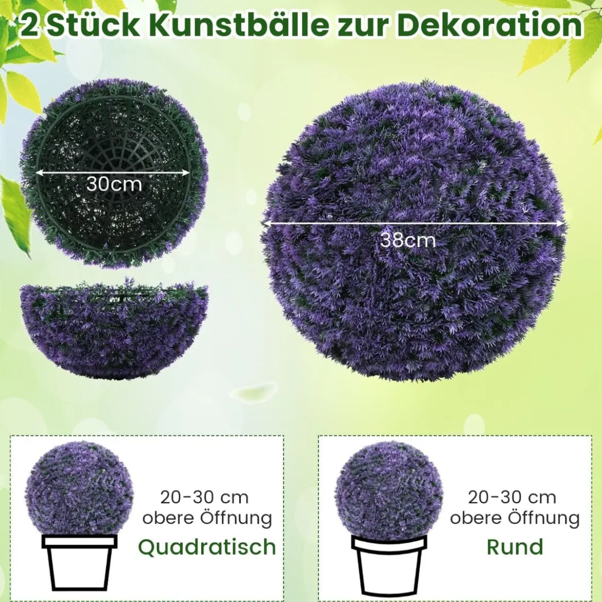 2er Buchsbaumkugel Kunstlavendel UV-beständige Kunstpflanze Blütenkugel Dekopflanze 38 cm