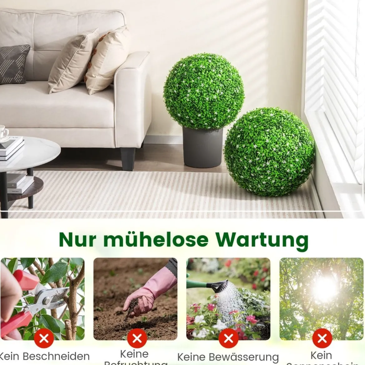 2er Buchsbaumkugel mit Weißen Blüten UV-beständige Künstliche Pflanze Grün