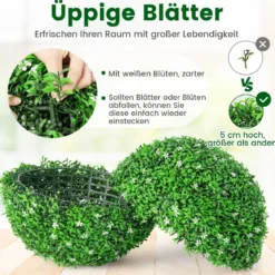 2er Buchsbaumkugel mit Weißen Blüten UV-beständige Künstliche Pflanze Grün
