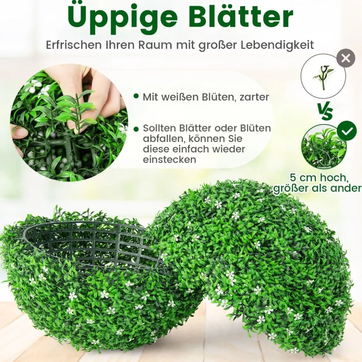 2er Buchsbaumkugel mit Weißen Blüten UV-beständige Künstliche Pflanze Grün