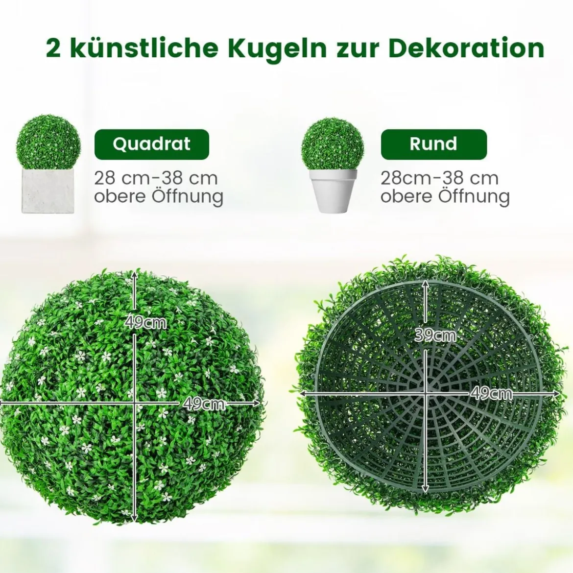 2er Buchsbaumkugel mit Weißen Blüten UV-beständige Künstliche Pflanze Grün
