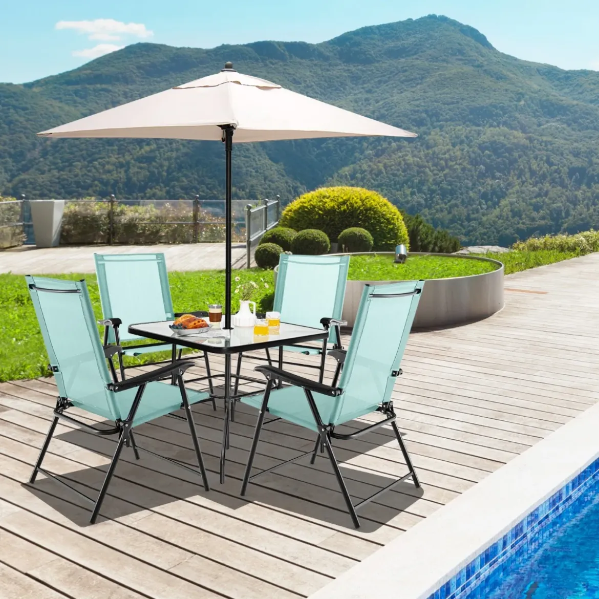 2er/4er Set Gartenstühle Klappstühle mit Armlehnen Balkonstühle mit wetterfestem Stoff Minzgrün/Blau