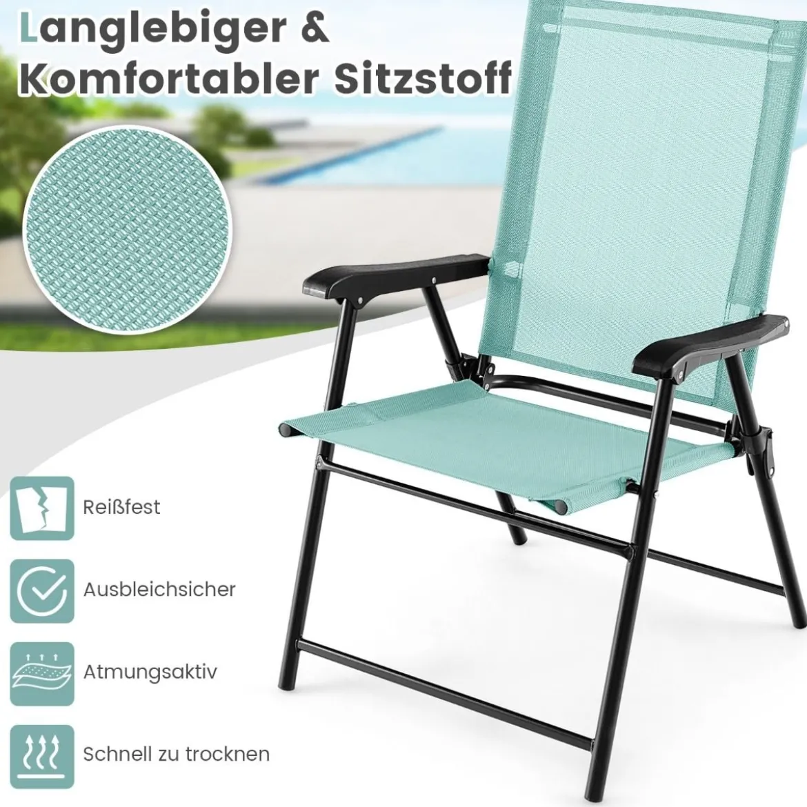 2er/4er Set Gartenstühle Klappstühle mit Armlehnen Balkonstühle mit wetterfestem Stoff Minzgrün/Blau