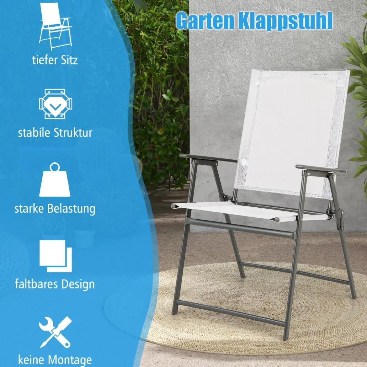 2er/4er Set Gartenstühle Klappstühle mit wetterfestem Stoff Balkonstühle mit Armlehnen Weiß/Grau/Schwarz