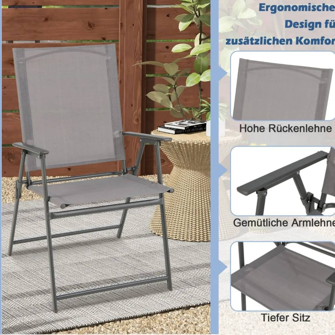 2er/4er Set Gartenstühle Klappstühle mit wetterfestem Stoff Balkonstühle mit Armlehnen Weiß/Grau/Schwarz