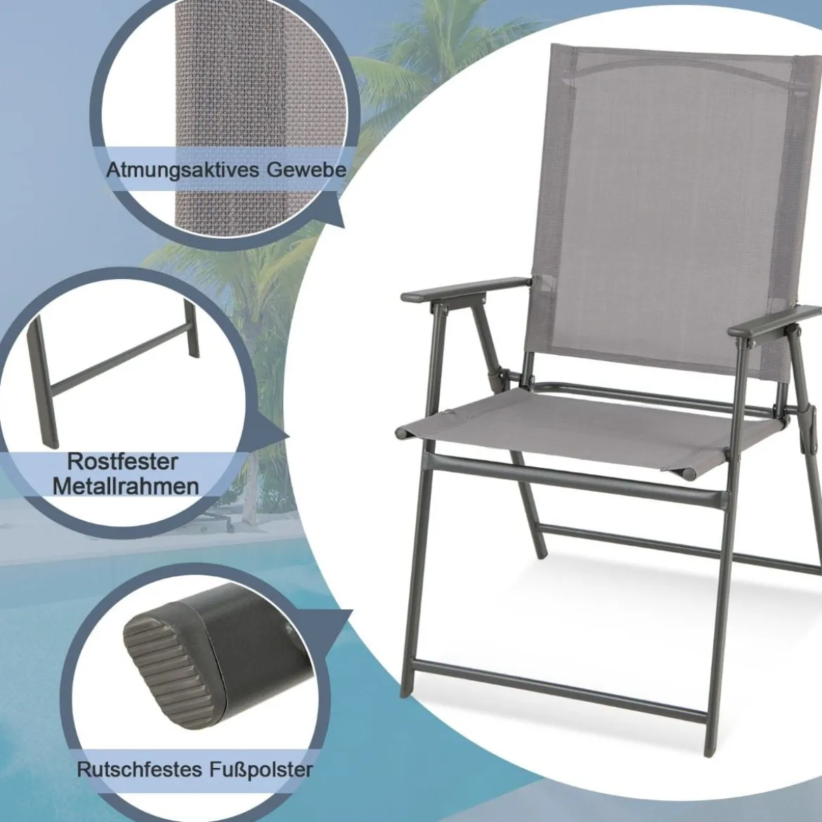 2er/4er Set Gartenstühle Klappstühle mit wetterfestem Stoff Balkonstühle mit Armlehnen Weiß/Grau/Schwarz