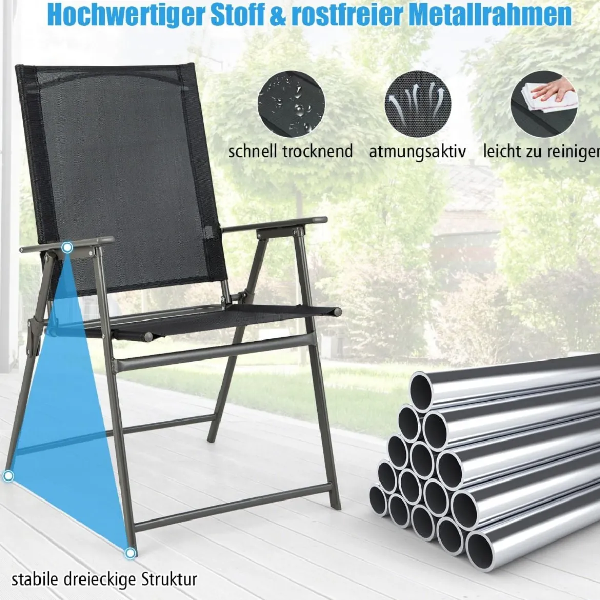 2er/4er Set Gartenstühle Klappstühle mit wetterfestem Stoff Balkonstühle mit Armlehnen Weiß/Grau/Schwarz