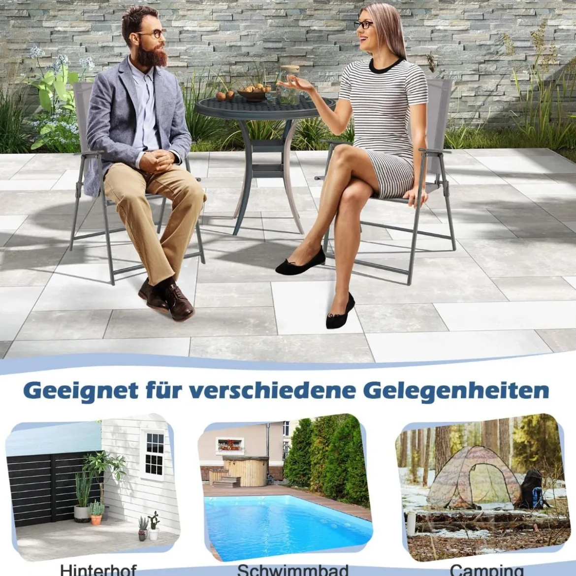 2er/4er Set Gartenstühle Klappstühle mit wetterfestem Stoff Balkonstühle mit Armlehnen Weiß/Grau/Schwarz