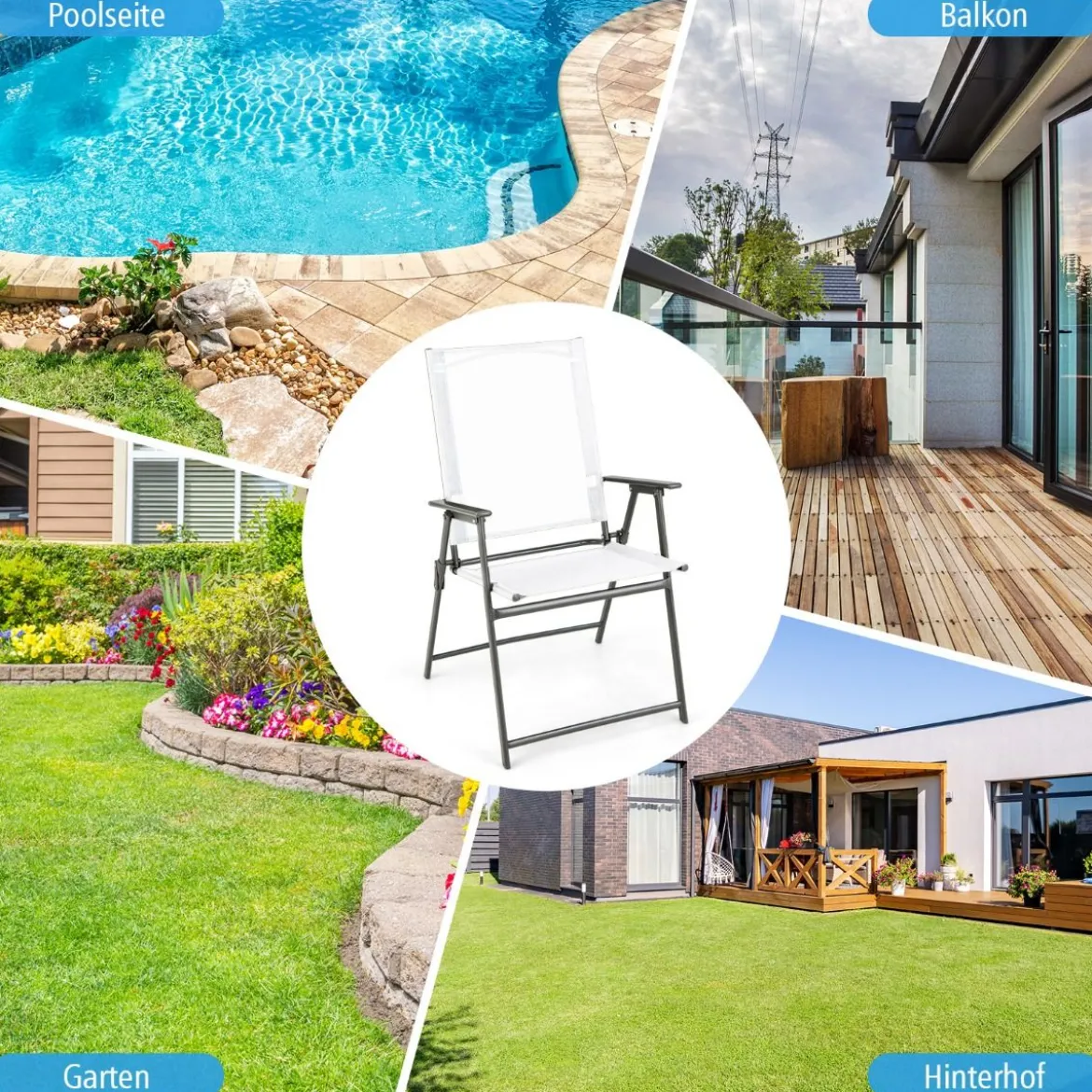 2er/4er Set Gartenstühle Klappstühle mit wetterfestem Stoff Balkonstühle mit Armlehnen Weiß/Grau/Schwarz