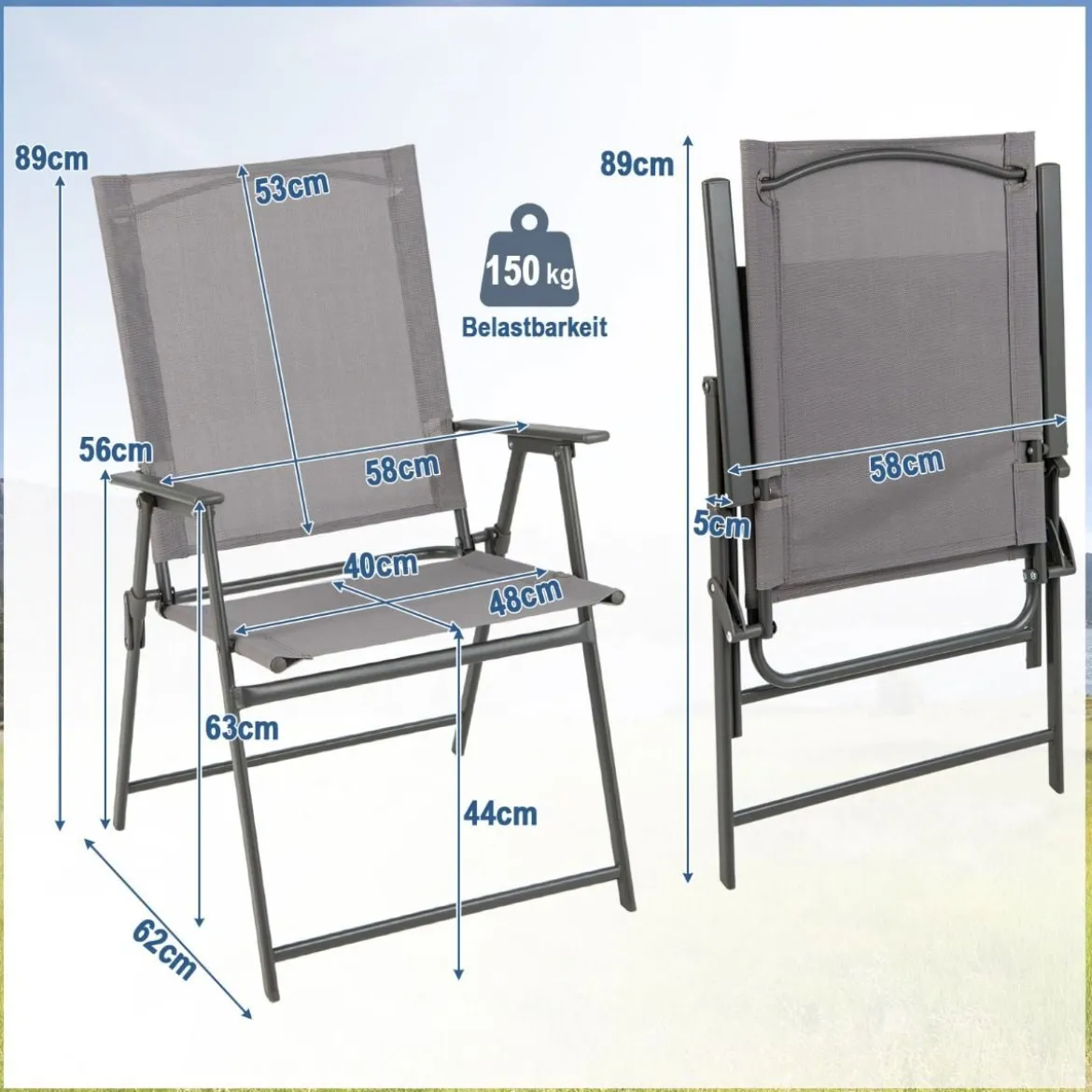 2er/4er Set Gartenstühle Klappstühle mit wetterfestem Stoff Balkonstühle mit Armlehnen Weiß/Grau/Schwarz