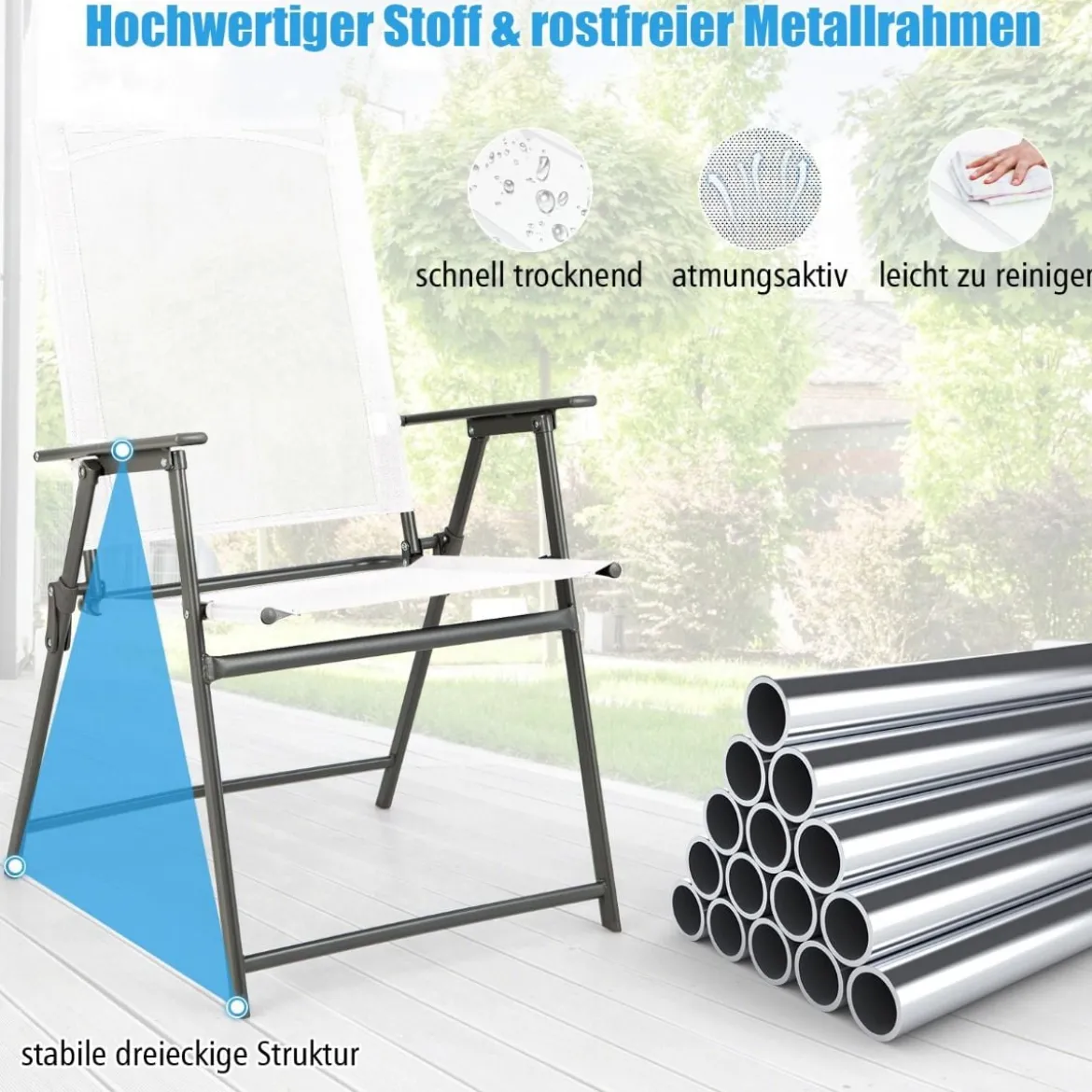 2er/4er Set Gartenstühle Klappstühle mit wetterfestem Stoff Balkonstühle mit Armlehnen Weiß/Grau/Schwarz
