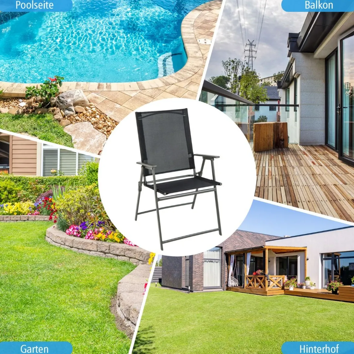 2er/4er Set Gartenstühle Klappstühle mit wetterfestem Stoff Balkonstühle mit Armlehnen Weiß/Grau/Schwarz