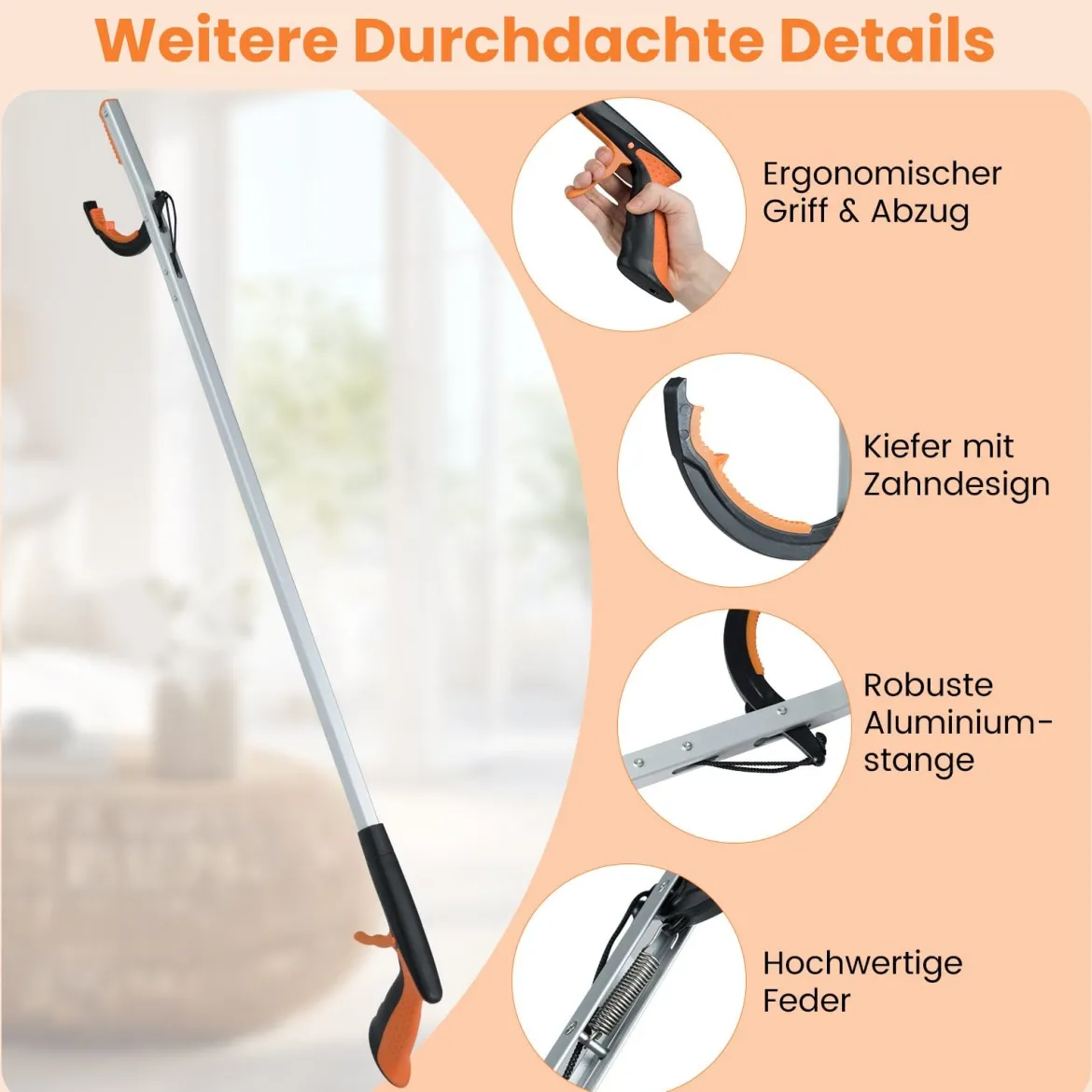 4er Extra lange 88 cm Greifzange Gartengreifer & Müllsammler-Stab Leichte Aluminium-Klaue Silber