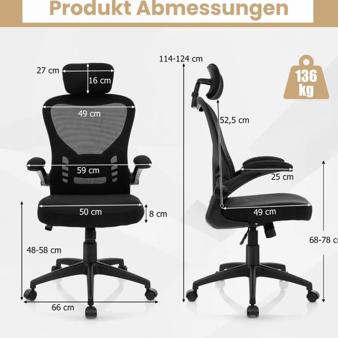 Ergonomischer Bürostuhl aus Netzgewebe mit Schaukellehne Chefsessel Drehbarer PC Stuhl