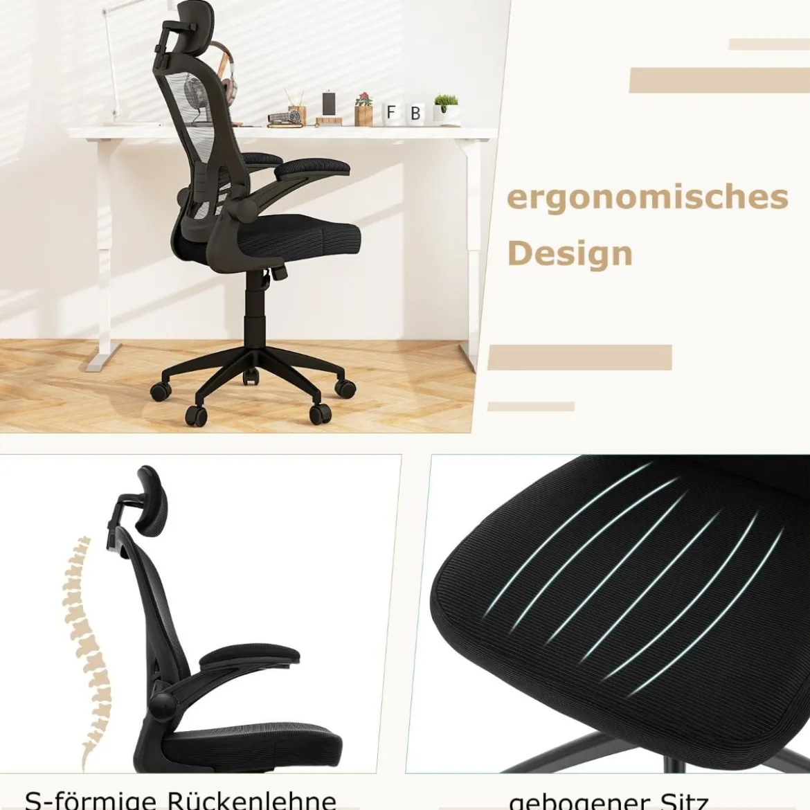 Ergonomischer Bürostuhl aus Netzgewebe mit Schaukellehne Chefsessel Drehbarer PC Stuhl