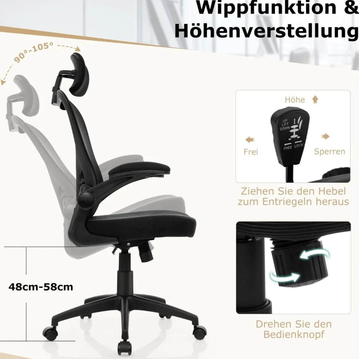 Ergonomischer Bürostuhl aus Netzgewebe mit Schaukellehne Chefsessel Drehbarer PC Stuhl