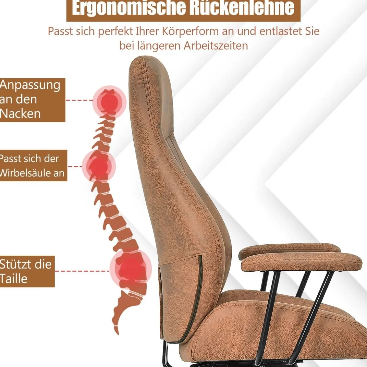 Ergonomischer Bürostuhl aus Wildleder 150° neigbarer Computerstuhl Braun