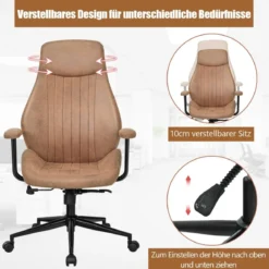 Ergonomischer Bürostuhl aus Wildleder 150° neigbarer Computerstuhl Braun