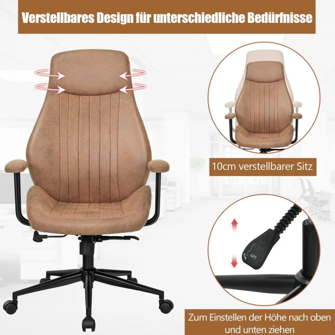 Ergonomischer Bürostuhl aus Wildleder 150° neigbarer Computerstuhl Braun