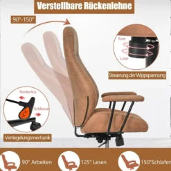 Ergonomischer Bürostuhl aus Wildleder 150° neigbarer Computerstuhl Braun