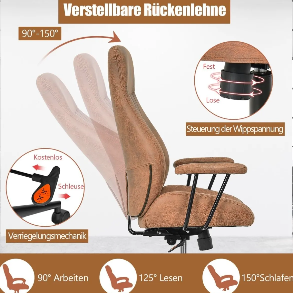 Ergonomischer Bürostuhl aus Wildleder 150° neigbarer Computerstuhl Braun