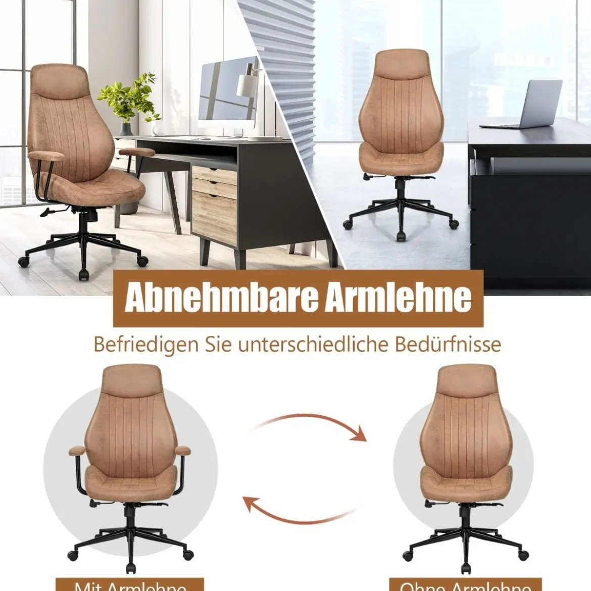 Ergonomischer Bürostuhl aus Wildleder 150° neigbarer Computerstuhl Braun