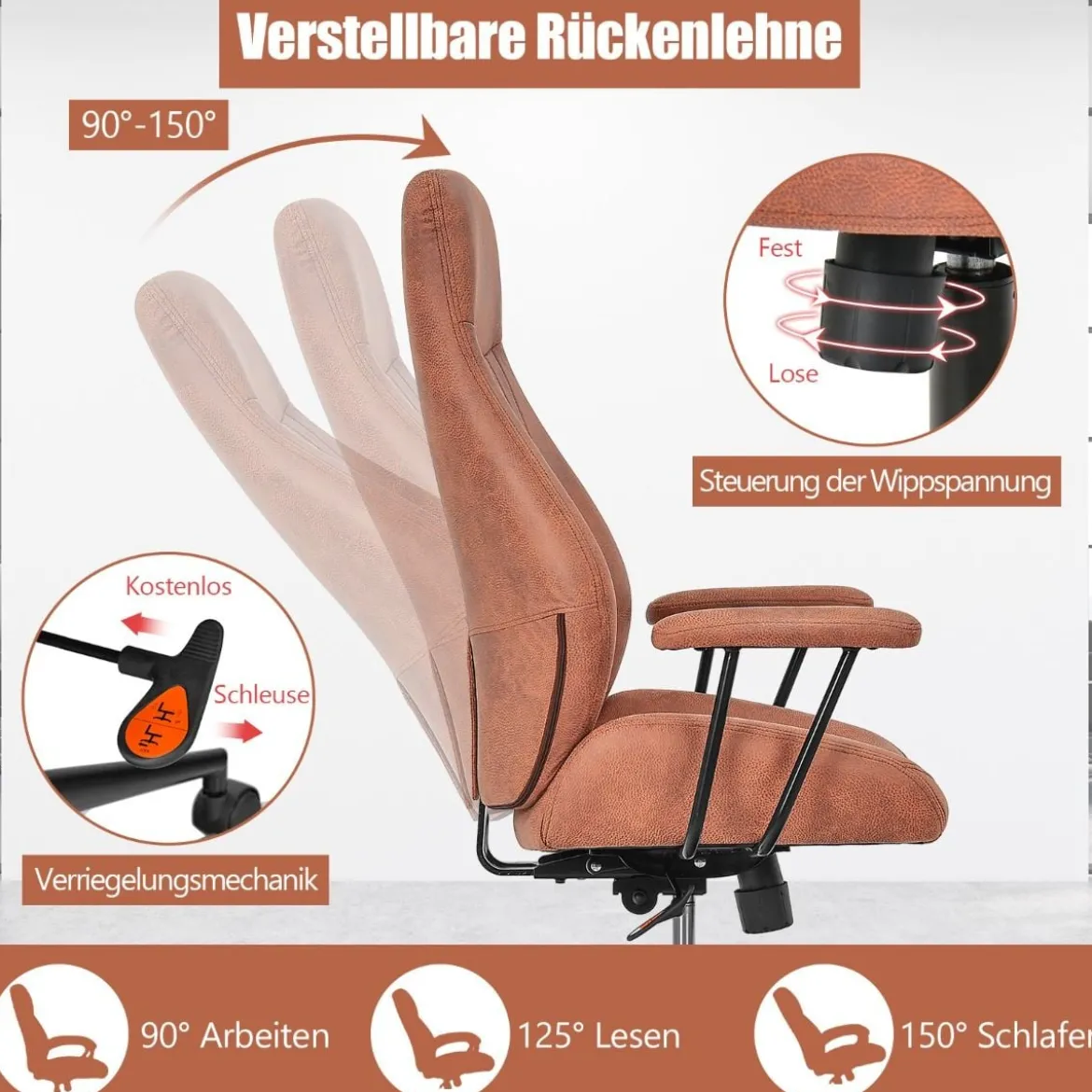 Ergonomischer Bürostuhl aus Wildleder 150° neigbarer Computerstuhl Rotbraun
