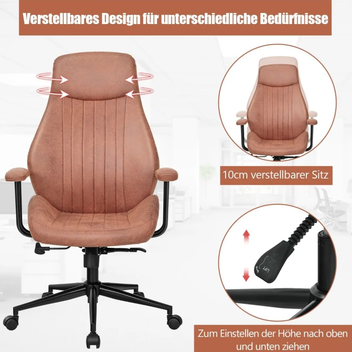 Ergonomischer Bürostuhl aus Wildleder 150° neigbarer Computerstuhl Rotbraun