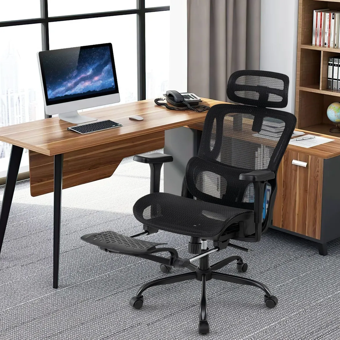 Ergonomischer Bürostuhl Computertischstuhl mit einziehbarer Fußstütze verstellbarer Lendenstütze & Armlehnen Schwarz
