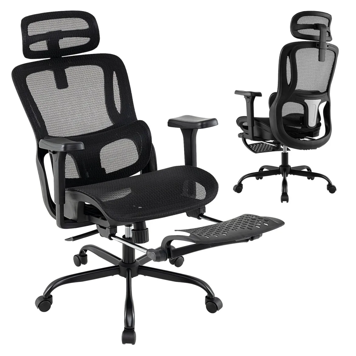 Ergonomischer Bürostuhl Computertischstuhl mit einziehbarer Fußstütze verstellbarer Lendenstütze & Armlehnen Schwarz