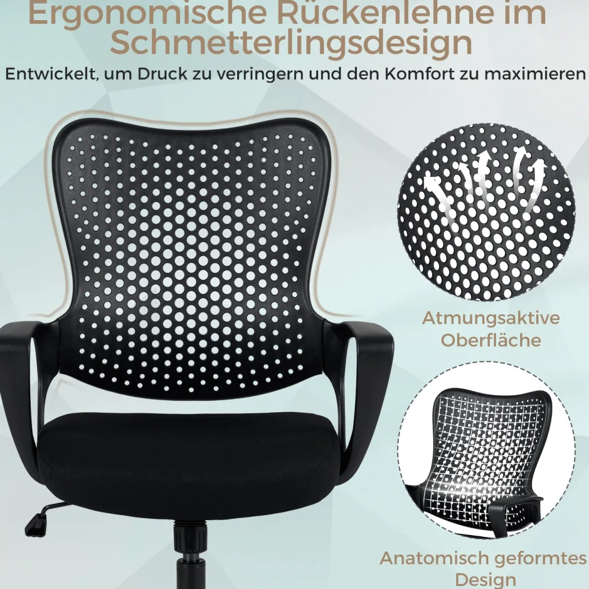 Ergonomischer Bürostuhl mit Atmungsaktive Mesh-Rückenlehne Höhenverstellbarer Drehstuhl Schwarz
