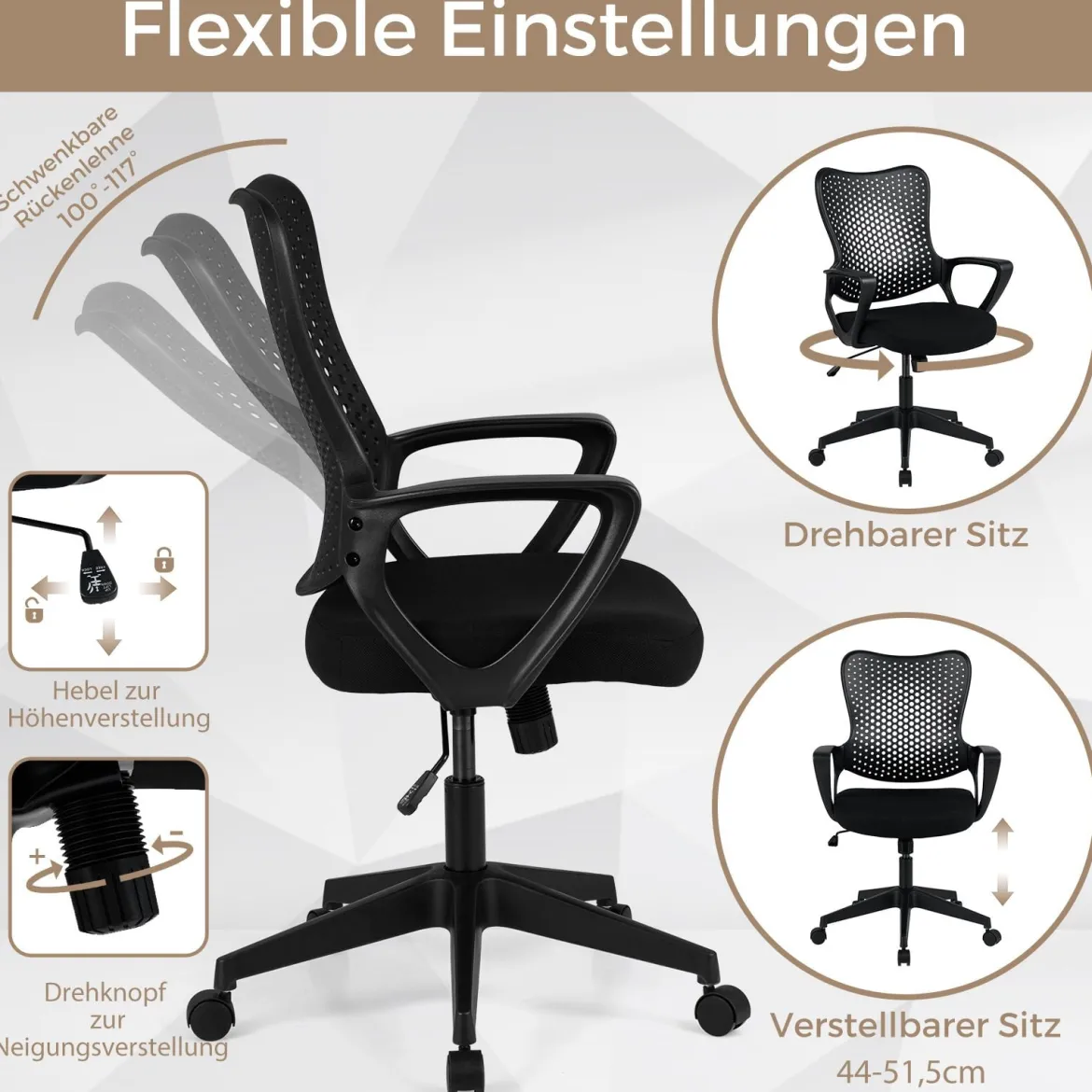 Ergonomischer Bürostuhl mit Atmungsaktive Mesh-Rückenlehne Höhenverstellbarer Drehstuhl Schwarz