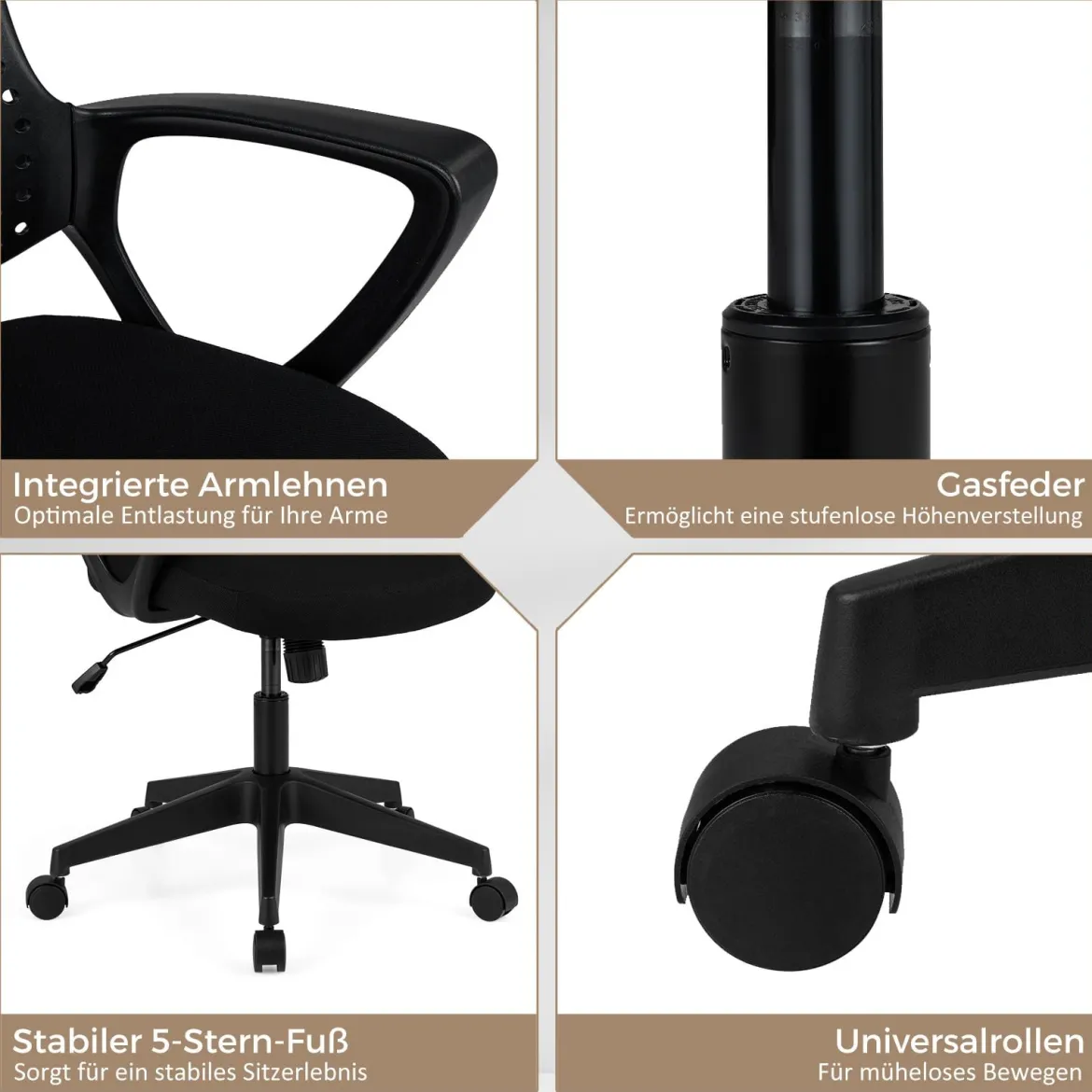 Ergonomischer Bürostuhl mit Atmungsaktive Mesh-Rückenlehne Höhenverstellbarer Drehstuhl Schwarz