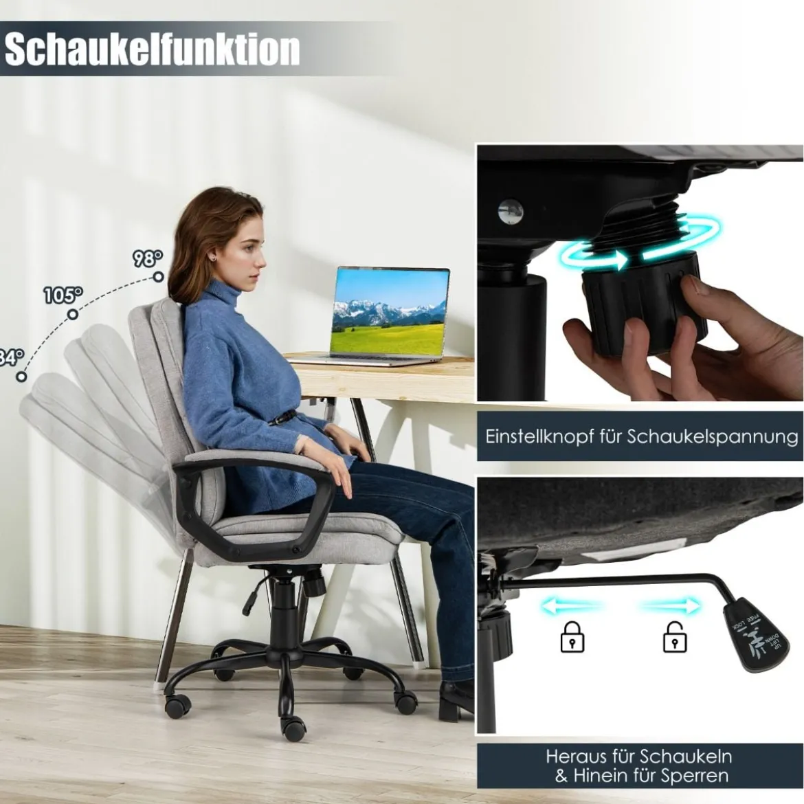 Ergonomischer Bürostuhl mit Armlehnen & Rollen Höhenverstellbarer Drehstuhl Computerstuhl